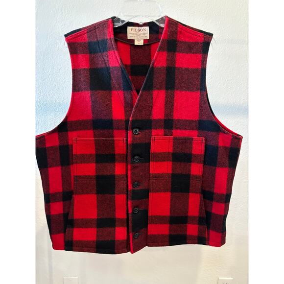 CC Filson Vintage Red Buffalo Plaid Virgin Wool Mackinaw Vest Men's XL Button - Picture 2 of 6